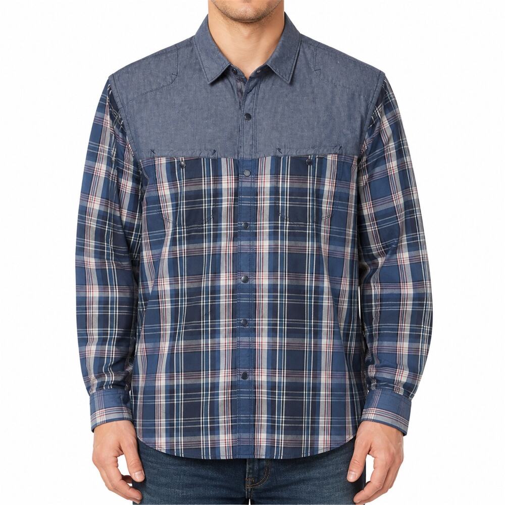 Express Shirt Mens XL Blue Gray Western Pearl Snap Plaid 100% Cotton Button-Up